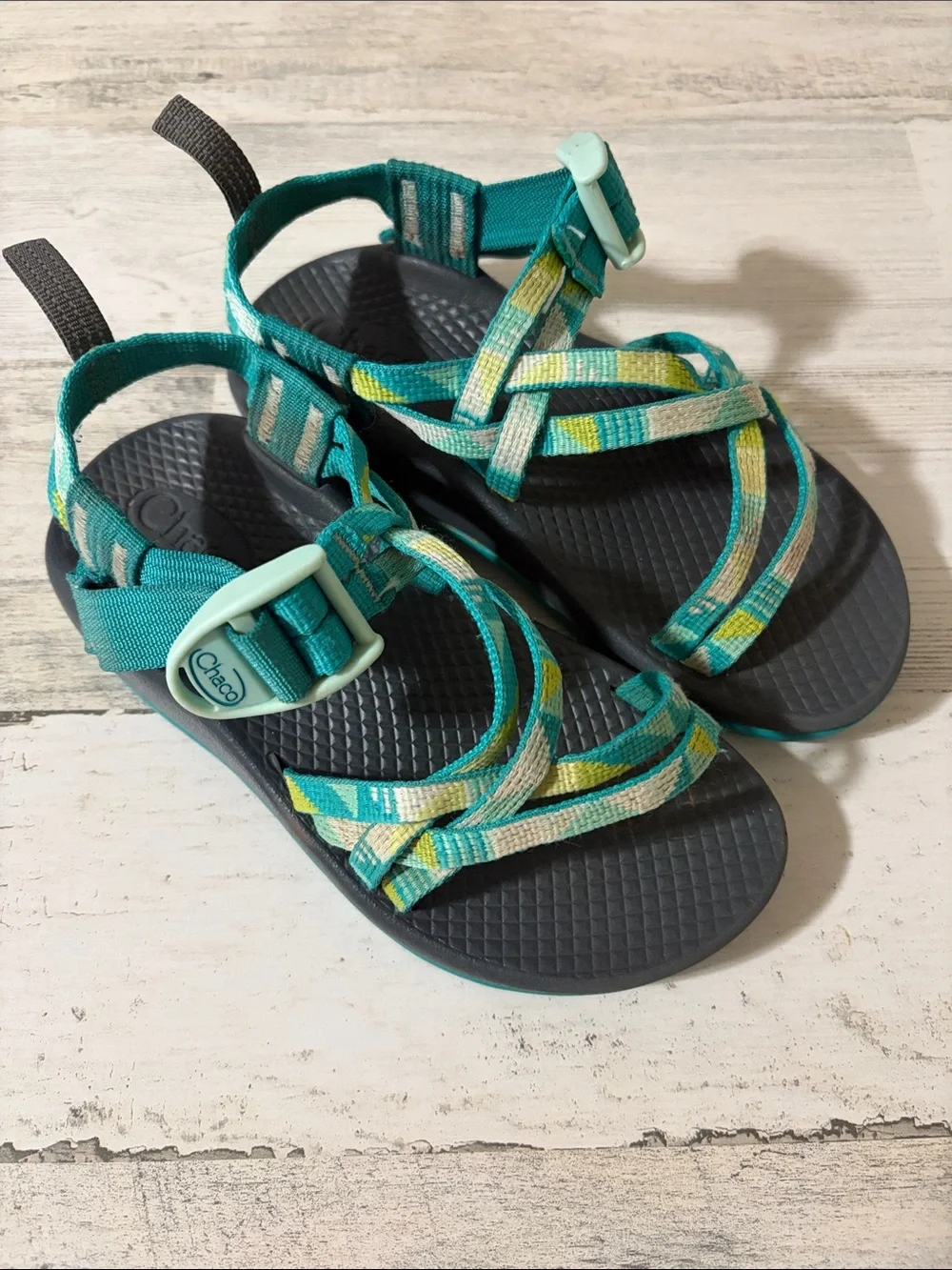 Chaco Teal, Yellow & Cream Strappy Sandals Size 12